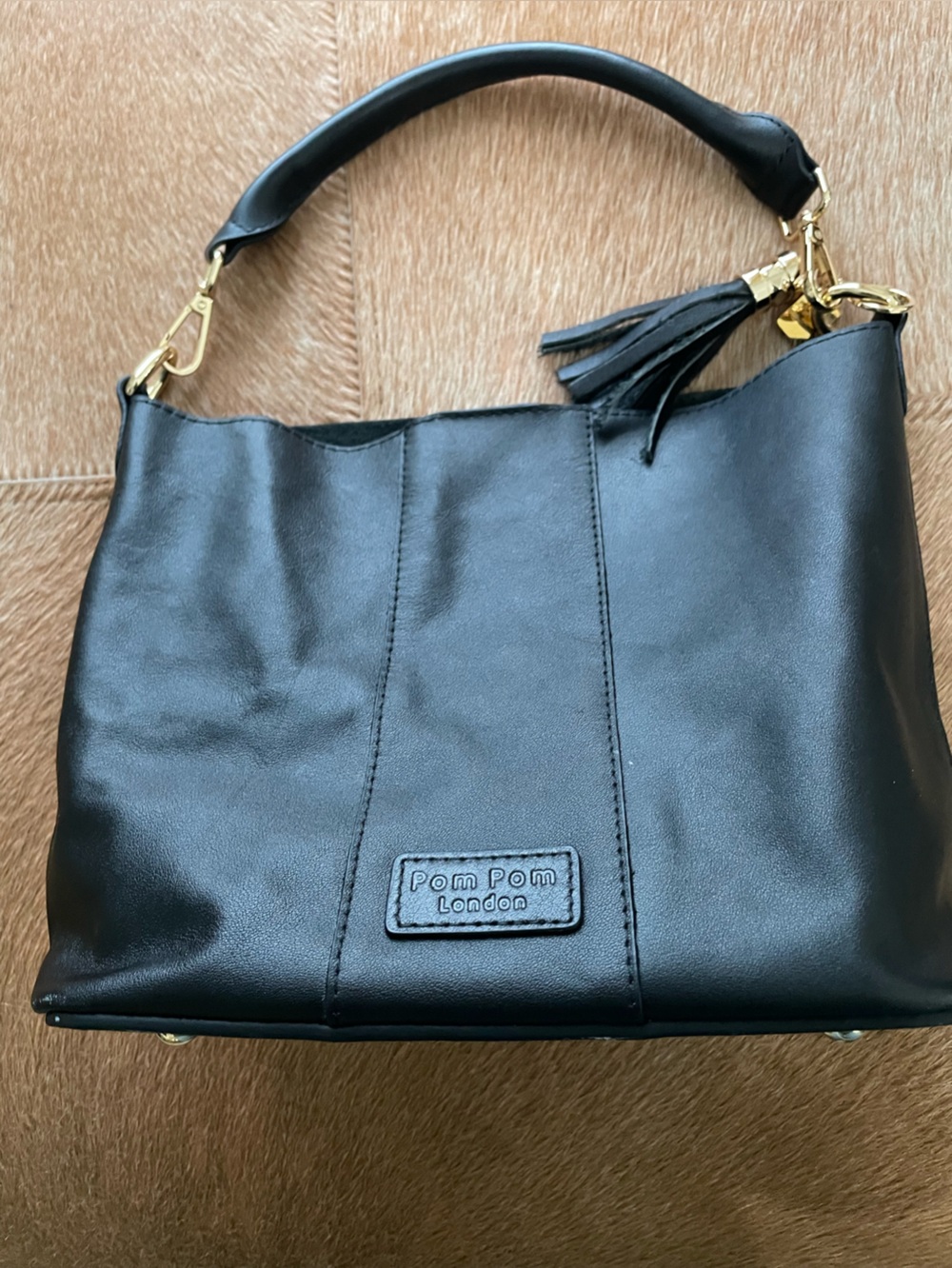 Pom Pom London Black Leather Shoulder Bag with Tassel Detail